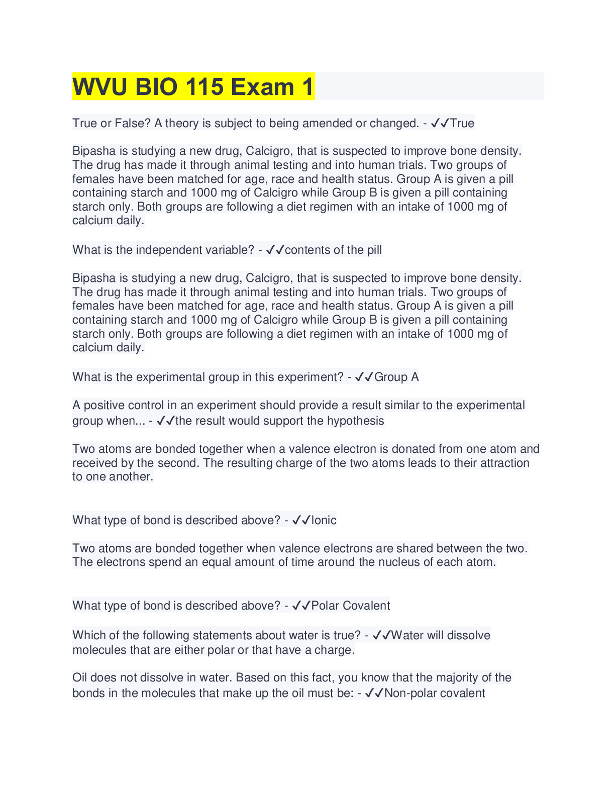 Preview of WVU BIO 115 Exam 1 | 100% Correct Answers